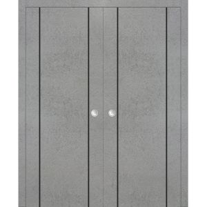 Modern Double Pocket Doors | Planum 0017 Concrete | Kit Trims Rail Hardware | Solid Wood Interior Bedroom Sliding Closet Sturdy Door-36" x 80" (2* 18x80)