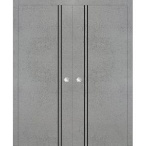 Modern Double Pocket Doors | Planum 0016 Concrete | Kit Trims Rail Hardware | Solid Wood Interior Bedroom Sliding Closet Sturdy Door