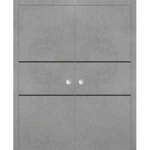 Modern Double Pocket Doors | Planum 0014 Concrete | Kit Trims Rail Hardware | Solid Wood Interior Bedroom Sliding Closet Sturdy Door