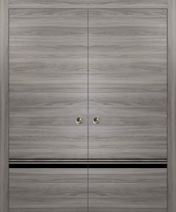 Sliding Double Pocket Door with Frames | Planum 0012 Ginger Ash and Aluminum Strips | Kit Trims Rail Hardware | Solid Wood Interior Bedroom Bathroom Closet Sturdy Doors