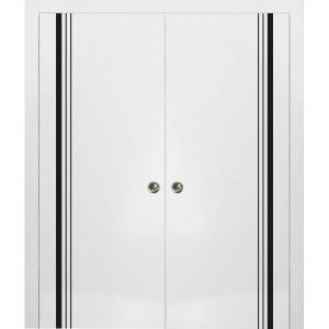 Sliding Double Pocket Door with Frames | Planum 0011 White Silk | Kit Trims Rail Hardware | Solid Wood Interior Bedroom Bathroom Closet Sturdy Doors