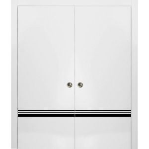 Sliding Double Pocket Door with Frames | Planum 0012 White Silk and Aluminum Strips | Kit Trims Rail Hardware | Solid Wood Interior Bedroom Bathroom Closet Sturdy Doors