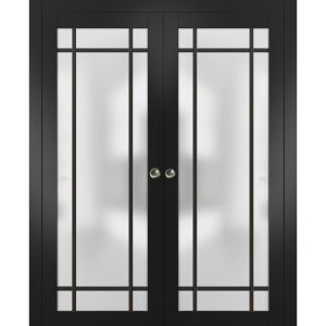 Sliding Double Pocket Door Frosted Tempered Glass | Planum 2112 Black Matte with Frosted Glass | Kit Trims Rail Hardware | Solid Wood Interior Bedroom Bathroom Closet Sturdy Doors 
