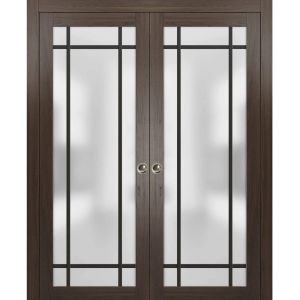 Sliding French Double Pocket Doors | Planum 2112 Chocolate Ash with Frosted Glass | Kit Trims Rail Hardware | Solid Wood Interior Bedroom Sturdy Doors