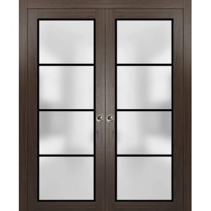 Sliding French Double Pocket Doors | Planum 2132 Chocolate Ash with Frosted Glass | Kit Trims Rail Hardware | Solid Wood Interior Bedroom Sturdy Doors