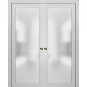 Planum 2102 Interior Sliding Closet Double Pocket Doors White Silk with Frames Tracks Pulls