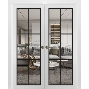 Sliding Double Pocket Door | Lucia 2366 White Silk with Clear Glass | Kit Trims Rail Hardware | Solid Wood Interior Bedroom Bathroom Closet Sturdy Doors