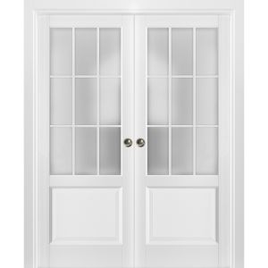 Sliding French Double Pocket Doors | Felicia 3309 White Silk with Frosted Glass | Kit Trims Rail Hardware | Solid Wood Interior Bedroom Sturdy Doors