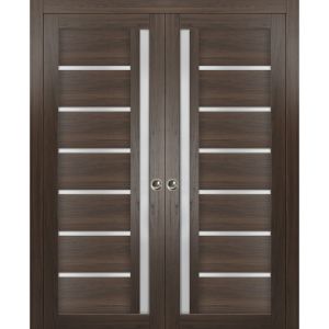 Sliding French Double Pocket Doors | Quadro 4088 Chocolate Ash with Frosted Glass | Kit Trims Rail Hardware | Solid Wood Interior Bedroom Sturdy Doors
