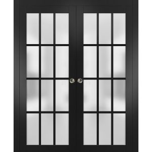 Sliding French Double Pocket Doors Frosted Glass 12 Lites | Felicia 3312 Matte Black | Kit Trims Rail Hardware | Solid Wood Interior Bedroom Sturdy Doors -36" x 80" (2* 18x80)