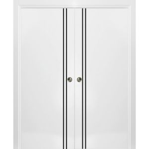 Sliding Double Pocket Door with Frames | Planum 0016 White Silk and Aluminum Strips | Kit Trims Rail Hardware | Solid Wood Interior Bedroom Bathroom Closet Sturdy Doors