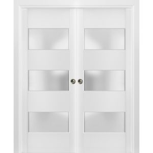 Sliding French Double Pocket Doors 3 Lites | Lucia 4070 White Silk with Frosted Glass | Kit Trims Rail Hardware | Solid Wood Interior Bedroom Sturdy Doors