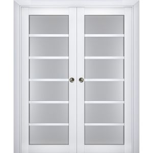 Sliding French Double Pocket Doors | Veregio 7602 White Silk with Frosted Glass | Kit Trims Rail Hardware | Solid Wood Interior Bedroom Sturdy Doors