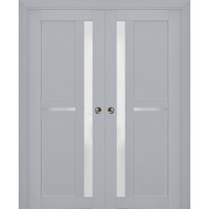 Sliding French Double Pocket Doors | Veregio 7288 Matte Grey with Frosted Glass | Kit Trims Rail Hardware | Solid Wood Interior Bedroom Sturdy Doors