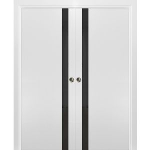 Sliding French Double Pocket Doors | Planum 0040 White Silk with Black Glass | Kit Trims Rail Hardware | Solid Wood Interior Bedroom Sturdy Doors