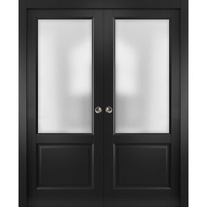 Sliding French Double Pocket Doors | Lucia 22 Matte Black with Frosted Glass | Kit Trims Rail Hardware | Solid Wood Interior Bedroom Sturdy Doors
