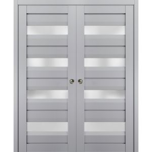 Sliding French Double Pocket Doors | Veregio 7455 Matte Grey with Frosted Glass | Kit Trims Rail Hardware | Solid Wood Interior Bedroom Sturdy Doors