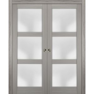 Sliding French Double Pocket Doors | Lucia 2552 Gray Ash with Frosted Glass | Kit Trims Rail Hardware | Solid Wood Interior Bedroom Sturdy Doors