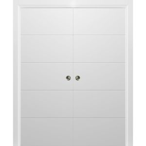 Modern Double Pocket Doors | Planum 0770 Painted White Matte | Kit Trims Rail Hardware | Solid Wood Interior Bedroom Sliding Closet Sturdy Door