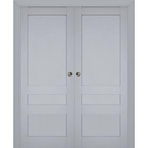 Sliding French Double Pocket Doors | Veregio 7411 Matte Grey | Kit Trims Rail Hardware | Solid Wood Interior Bedroom Sturdy Doors