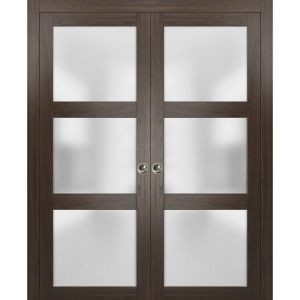Sliding French Double Pocket Doors | Lucia 2552 Chocolate Ash with Frosted Glass | Kit Trims Rail Hardware | Solid Wood Interior Bedroom Sturdy Doors