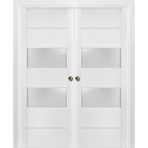 Sliding French Double Pocket Doors 2 lites | Lucia 4010 White Silk with Frosted Glass | Kit Trims Rail Hardware | Solid Wood Interior Bedroom Sturdy Doors