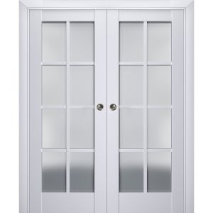 Sliding French Double Pocket Doors | Veregio 7412 White Silk with Frosted Glass | Kit Trims Rail Hardware | Solid Wood Interior Bedroom Sturdy Doors