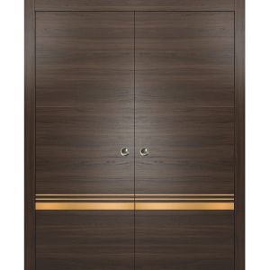 Sliding Double Pocket Door with Frames | Planum 2010 Chocolate Ash and Aluminum Strips | Kit Trims Rail Hardware | Solid Wood Interior Bedroom Bathroom Closet Sturdy Doors