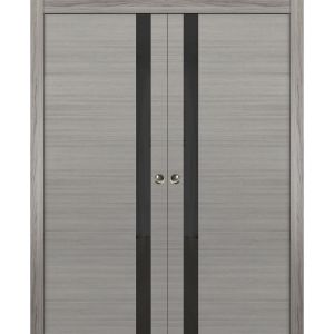 Sliding French Double Pocket Doors | Planum 0040 Grey Ash with Black Glass | Kit Trims Rail Hardware | Solid Wood Interior Bedroom Sturdy Doors