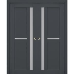Sliding French Double Pocket Doors | Veregio 7288 Antracite with Frosted Glass | Kit Trims Rail Hardware | Solid Wood Interior Bedroom Sturdy Doors