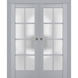Sliding French Double Pocket Doors | Veregio 7412 Matte Grey with Frosted Glass | Kit Trims Rail Hardware | Solid Wood Interior Bedroom Sturdy Doors