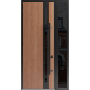 Front Exterior Prehung Steel Door / Ronex 1033 Teak 96" / Sidelight Exterior Window Sidelite / Entry Metal Modern Painted W36+12" x H96" Left hand Inswing