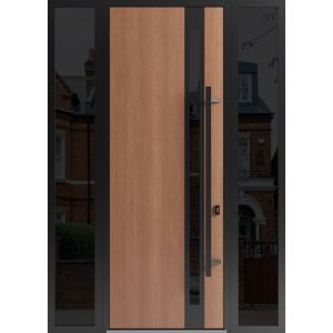 Front Exterior Prehung Steel Door / Ronex 1033 Teak 96" / 2 Sidelight Exterior Windows Sidelites/ Entry Metal Modern Painted W12+36+12" x H96" Left hand Inswing