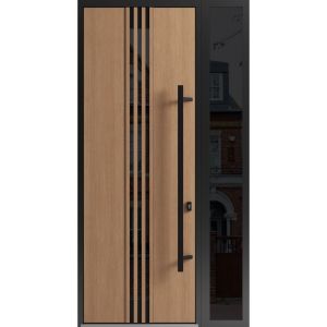 Front Exterior Prehung Steel Door / Ronex 1055 Teak 96" / Sidelight Exterior Window Sidelite / Entry Metal Modern Painted W36+12" x H96" Left hand Inswing