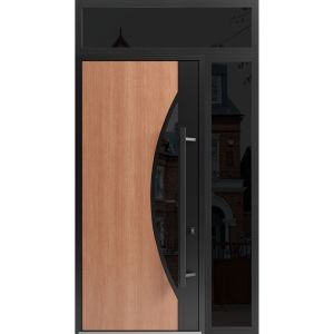 Front Exterior Prehung Steel Door / Ronex 1077 Teak 96" / Sidelight and Transom Window Sidelite / Entry Metal Modern Painted W36+12" x H96+16" Left hand Inswing