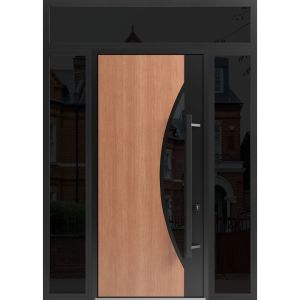 Front Exterior Prehung Steel Door / Ronex 1077 Teak 96" / 2 Sidelight and Transom Window Sidelite / Entry Metal Modern Painted W12+36+12" x H96+16" Left hand Inswing