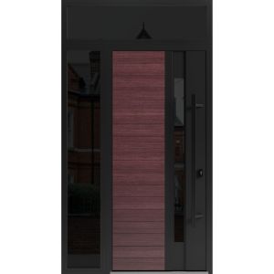 Front Exterior Prehung Steel Door / Ronex 0162 Red Oak / Sidelight and Transom Window Sidelite / Entry Metal Modern Painted W36+12" x H80+16" Left hand Inswing