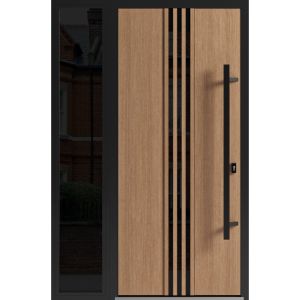 Front Exterior Prehung Steel Door / Ronex 1055 Teak / Side Exterior Window Sidelite / Entry Metal Modern Painted W36+12" x H80" Left hand Inswing