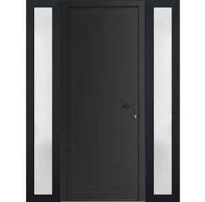 Front Exterior Prehung Metal-PlasticDoor Frosted Glass | Manux 8002 Matte Black | 2 Side Sidelite Transoms | Office Commercial and Residential Doors Entrance Patio Garage 60" x 80" (W12+36+12" x H80") Left hand Inswing