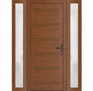 Front Exterior Prehung Metal-PlasticDoor Frosted Glass | Manux 8002 Walnut | 2 Side Sidelite Transoms | Office Commercial and Residential Doors Entrance Patio Garage 60" x 80" (W12+36+12" x H80") Left hand Inswing