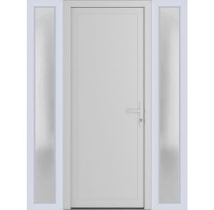 Front Exterior Prehung Metal-PlasticDoor Frosted Glass | Manux 8111 White Silk | 2 Side Sidelite Transoms | Office Commercial and Residential Doors Entrance Patio Garage 60" x 80" (W12+36+12" x H80") Left hand Inswing