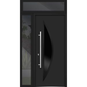 Front Exterior Prehung Steel Door / Deux 6501 Black / Side and Top Exterior Window / Stainless Inserts Single Modern Painted-W36+12" x H80+16"-Right-hand Inswing