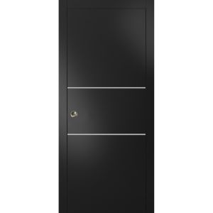 Sliding Pocket Door with Frames | Planum 0210 Matte Black and Aluminum Strips | Kit Trims Rail Hardware | Solid Wood Interior Bedroom Bathroom Closet Sturdy Doors