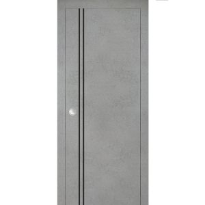 Sliding French Pocket Door with | Planum 0016 Concrete and Aluminum Strips | Kit Trims Rail Hardware | Solid Wood Interior Bedroom Sturdy Doors