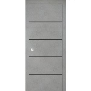 Sliding French Pocket Door with | Planum 0015 Concrete and Aluminum Strips | Kit Trims Rail Hardware | Solid Wood Interior Bedroom Sturdy Doors