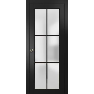 Sliding Pocket Door with Frosted Tempered Glass | Planum 2122 Matte Black with Frosted Glass | Kit Trims Rail Hardware | Solid Wood Interior Bedroom Bathroom Closet Sturdy Doors 