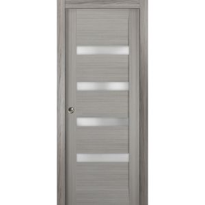 Sliding French Pocket Door with | Quadro 4113 Grey Ash with Frosted Glass | Kit Trims Rail Hardware | Solid Wood Interior Bedroom Sturdy Doors
