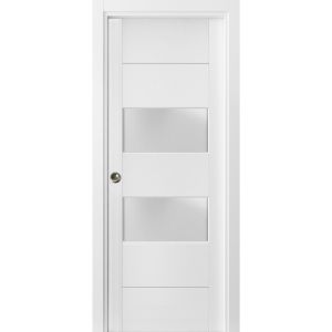 Sliding French Pocket Door 2 lites | Lucia 4010 White Silk with Frosted Glass | Kit Trims Rail Hardware | Solid Wood Interior Bedroom Sturdy Doors