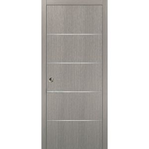 Modern Pocket Door | Planum 0020 Grey Oak | Kit Trims Rail Hardware | Solid Wood Interior Bedroom Sliding Closet Sturdy Doors