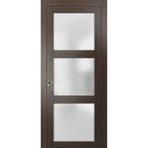 Sliding French Pocket Door | Lucia 2552 Chocolate Ash with Frosted Glass | Kit Trims Rail Hardware | Solid Wood Interior Bedroom Sturdy Doors